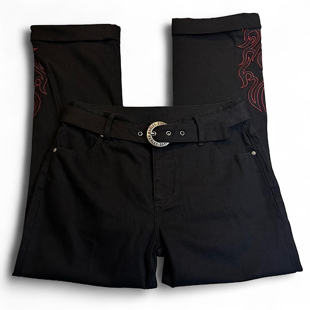 Y2K Harley-Davidson Flame Embroidered Pants 8 Long Biker Grunge Chrome Buckle